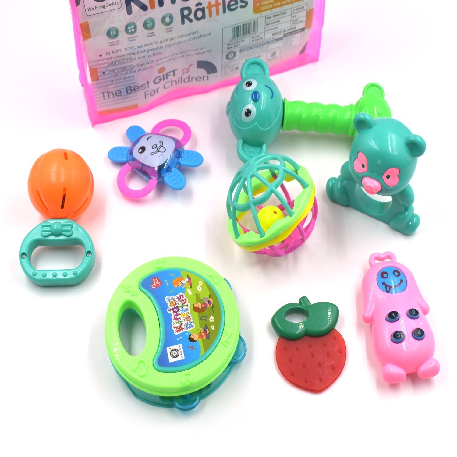 Multi-colored baby rattle toy for infants, enhancing motor skills and sensory play. Multi-colored baby rattle toy for infants, enhancing motor skills and sensory play.